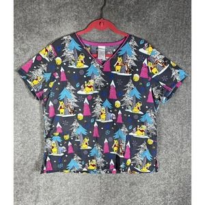 Disney Winnie The Pooh Winter Snow Christmas Short Sleeve Scrub Top Womens Large